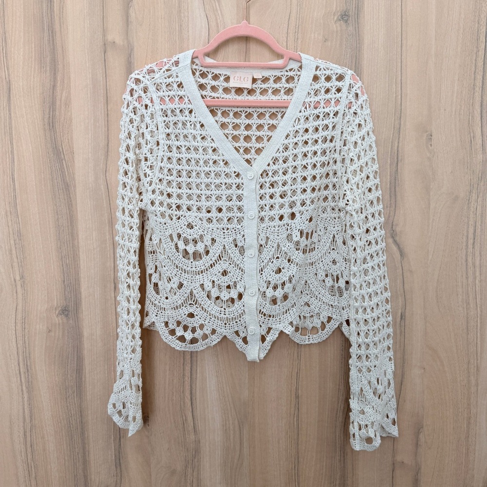 Womens Crochet Cropped Cardigan Small Cream Cotton Festival Boho Cottage Coastal
